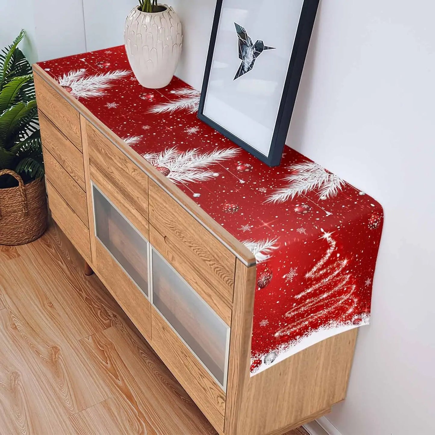 Camino de mesa árbol nieve y rojo - lino