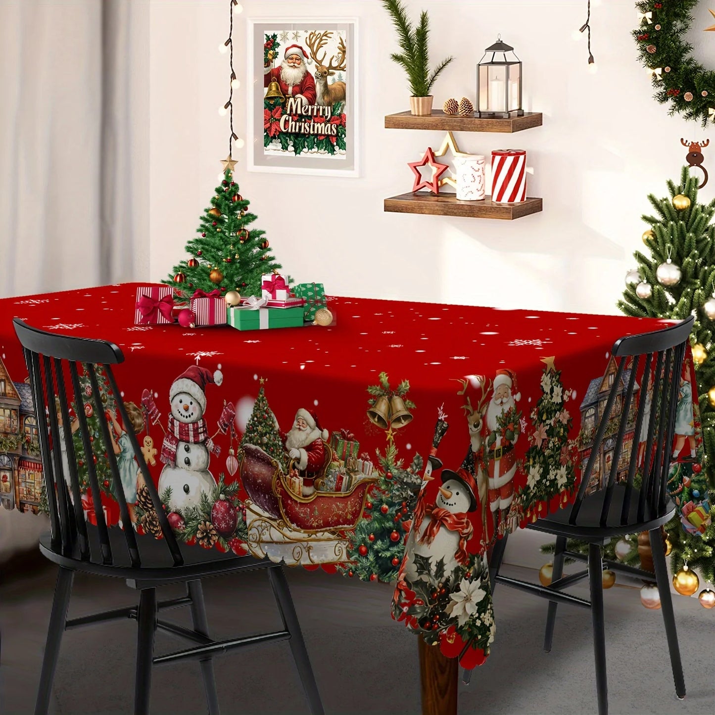 Mantel rojo Papá Noel y muñeco de nieve - poliéster