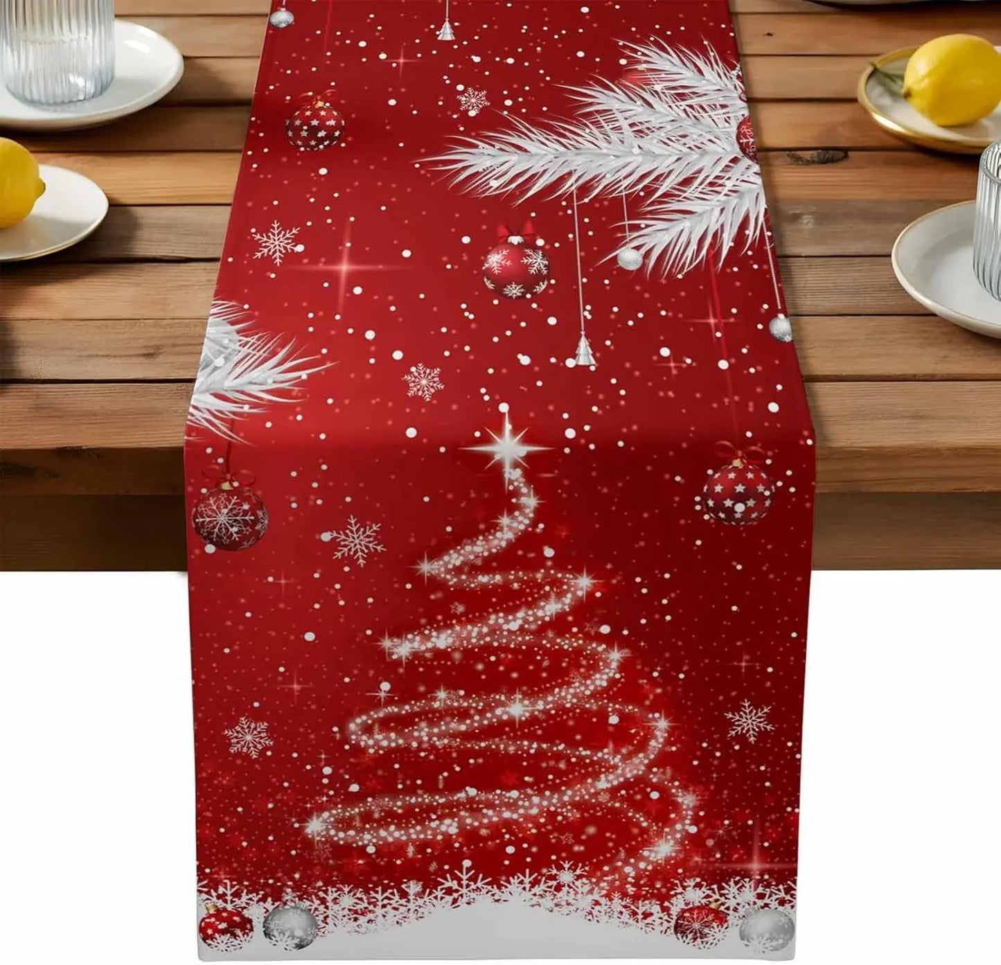 Camino de mesa árbol nieve y rojo - lino