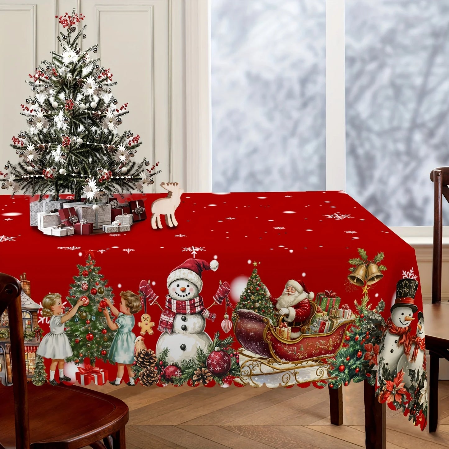 Mantel rojo Papá Noel y muñeco de nieve - poliéster