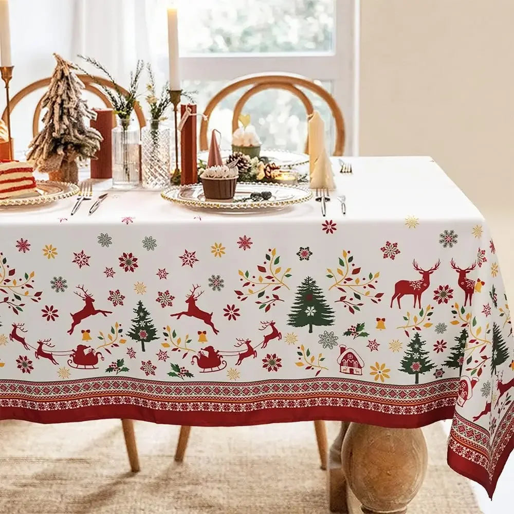Mantel blanco muñeco de nieve y renos rojos poliéster impermeable
