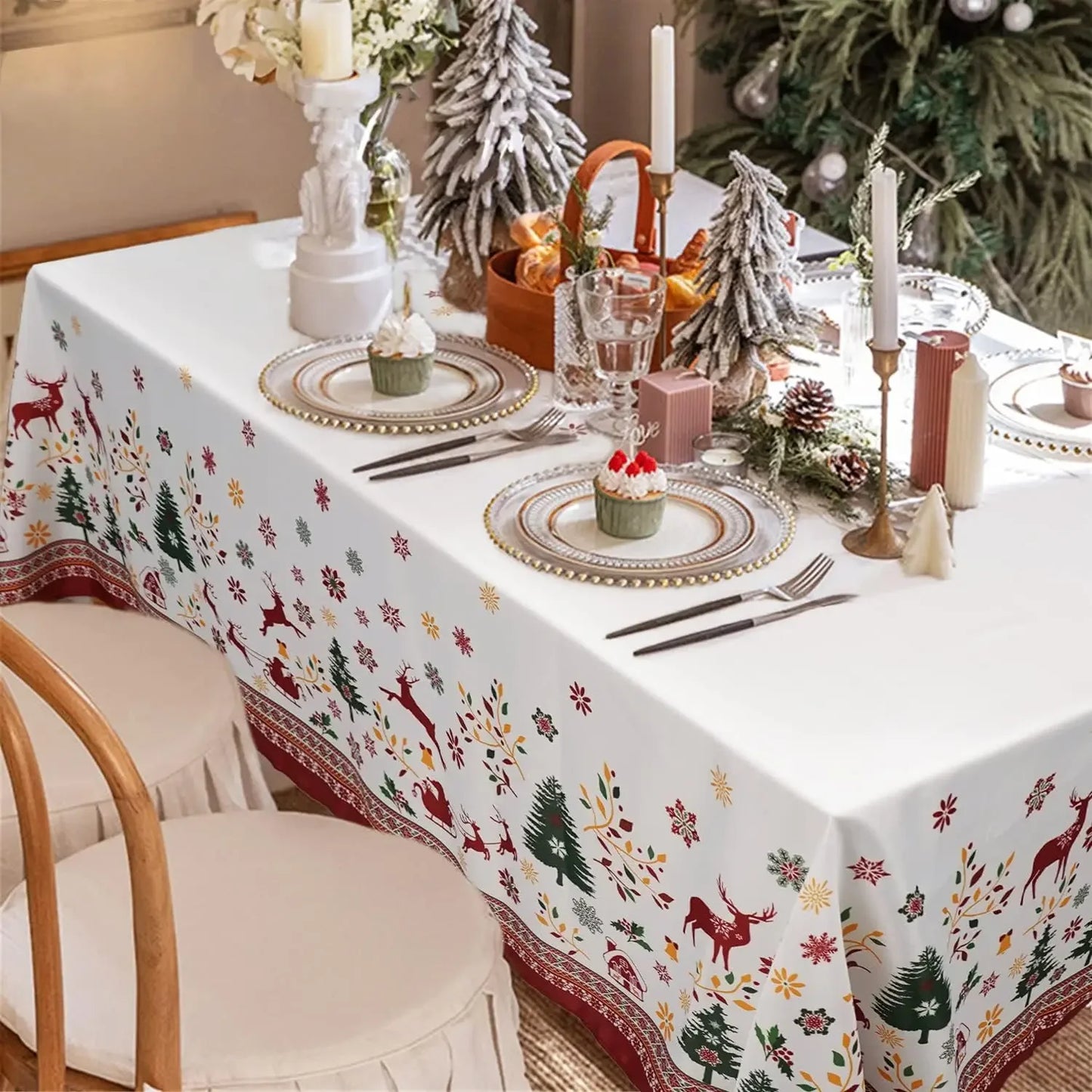 Mantel blanco muñeco de nieve y renos rojos poliéster impermeable