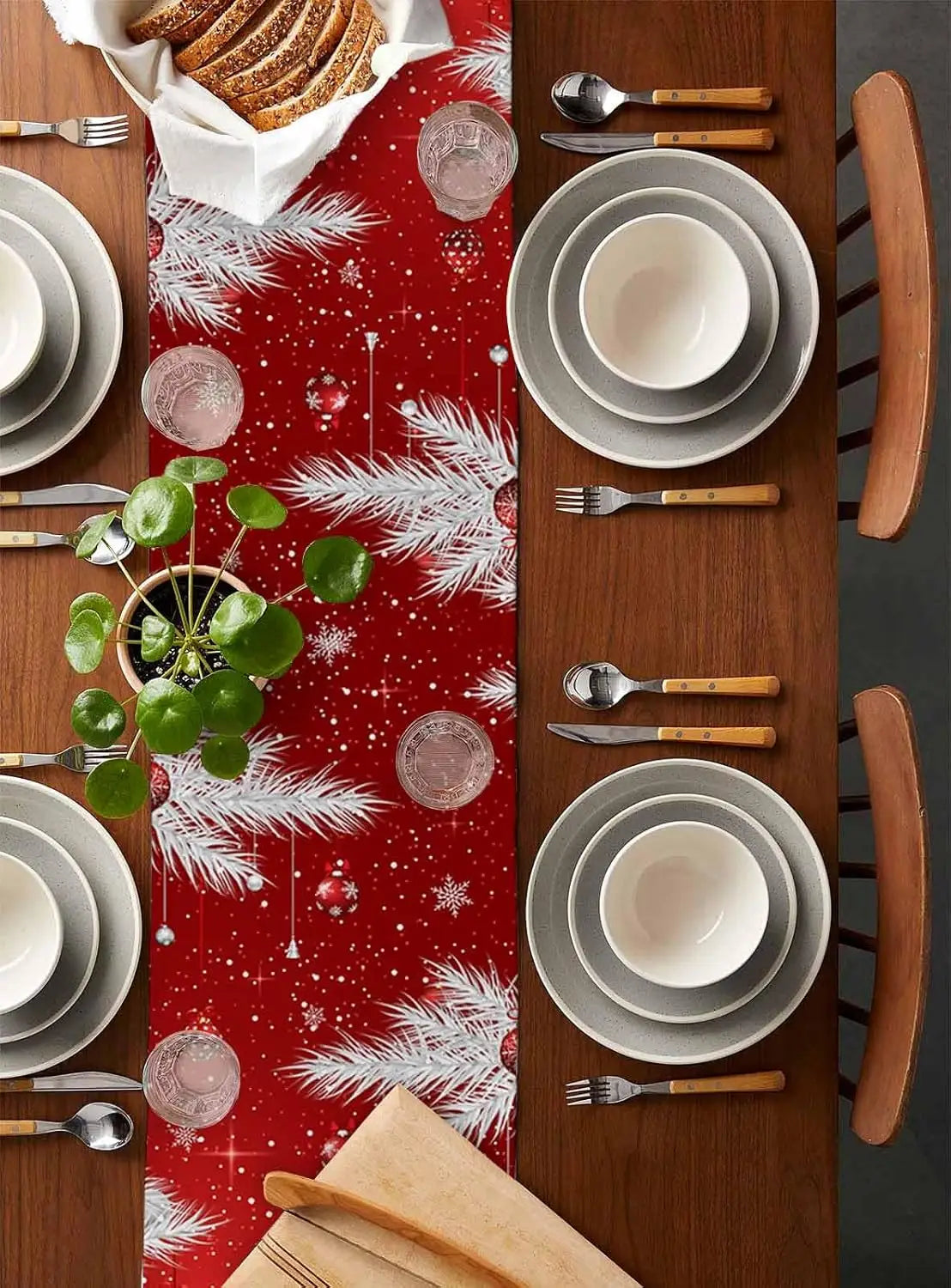 Camino de mesa árbol nieve y rojo - lino