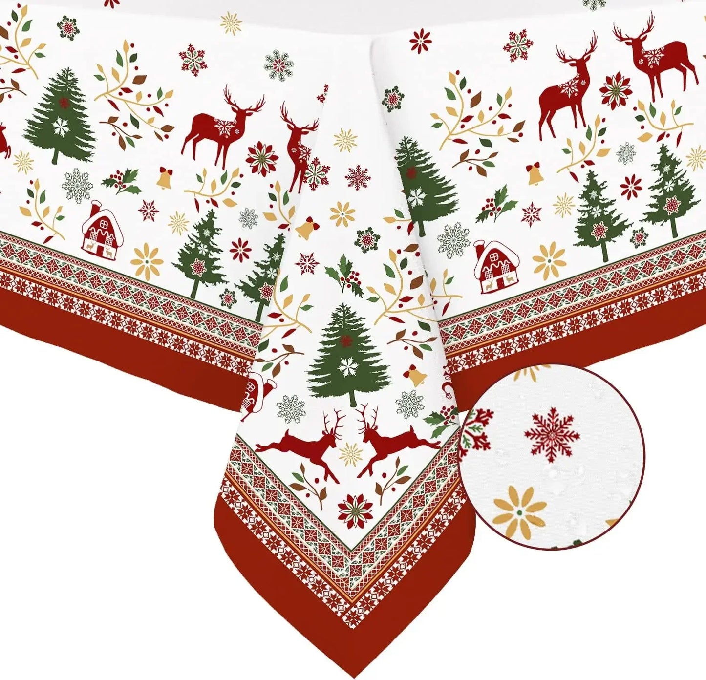 Mantel blanco muñeco de nieve y renos rojos poliéster impermeable