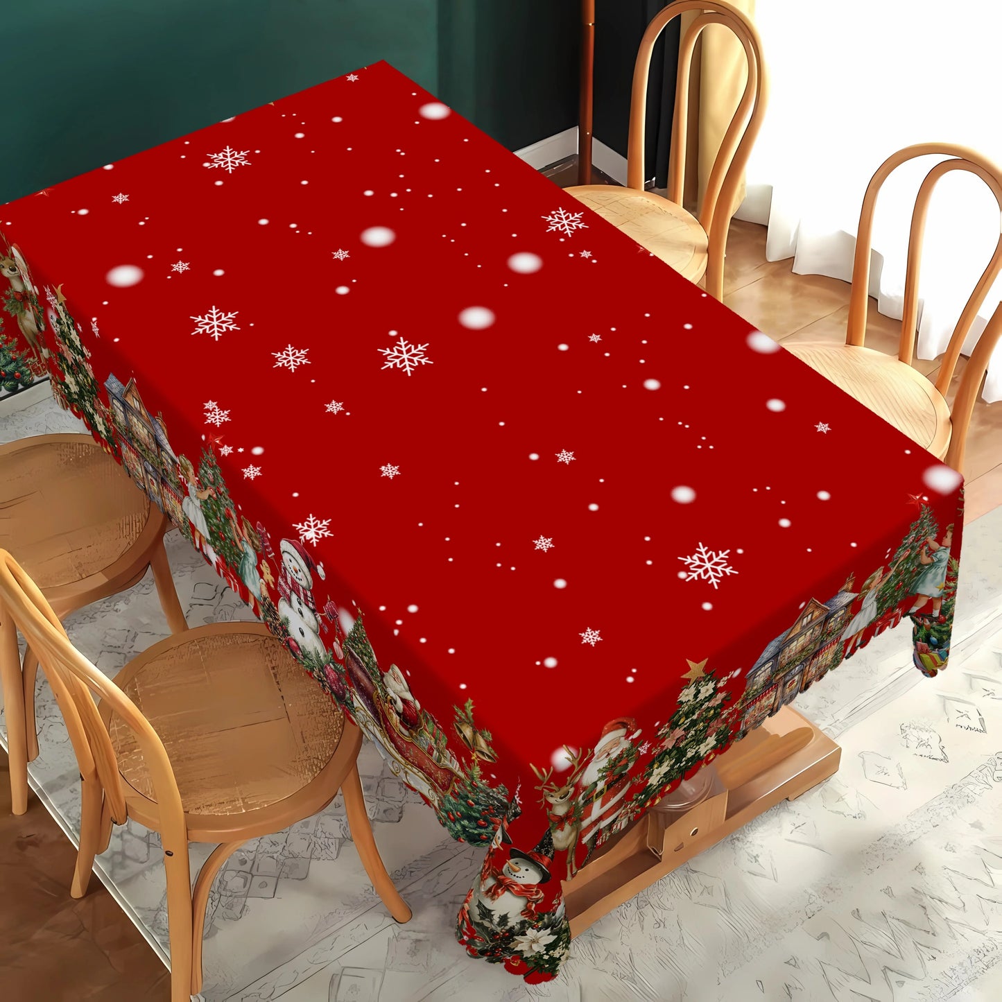 Mantel rojo Papá Noel y muñeco de nieve - poliéster