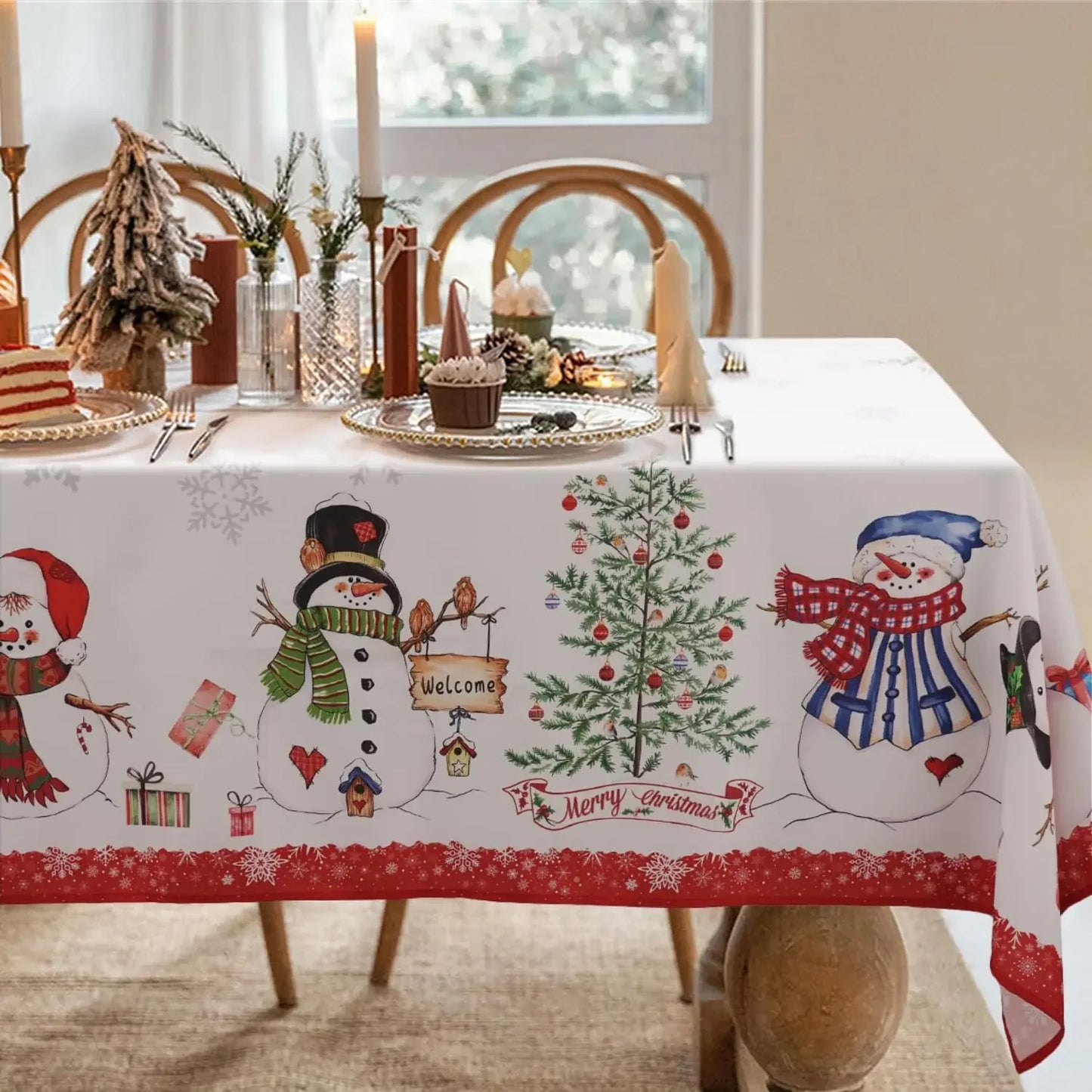 Mantel blanco muñeco de nieve y renos rojos poliéster impermeable